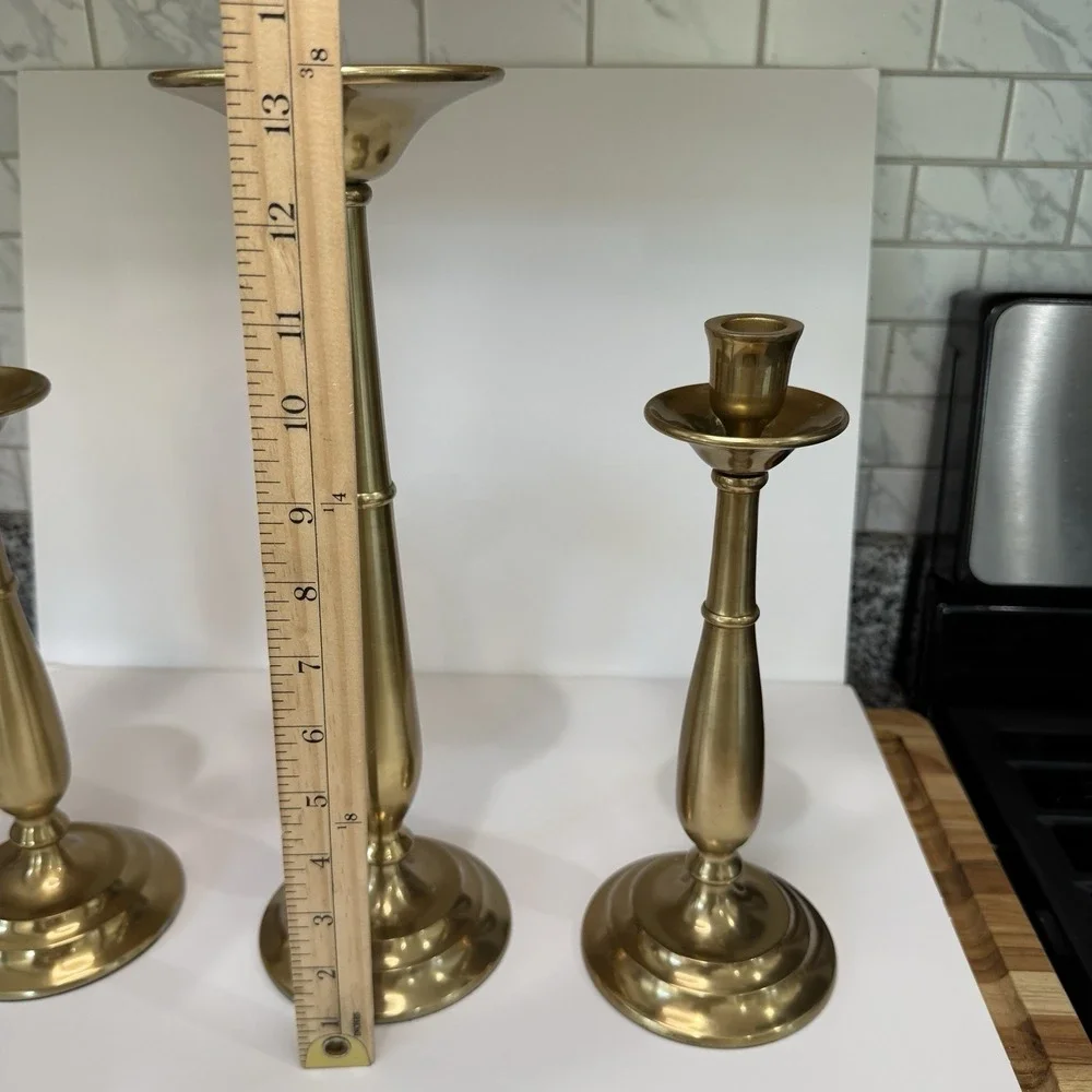Pottery Barn Arlington Heavy Brass Candlesticks / Pillar Candle Holders Set of 3